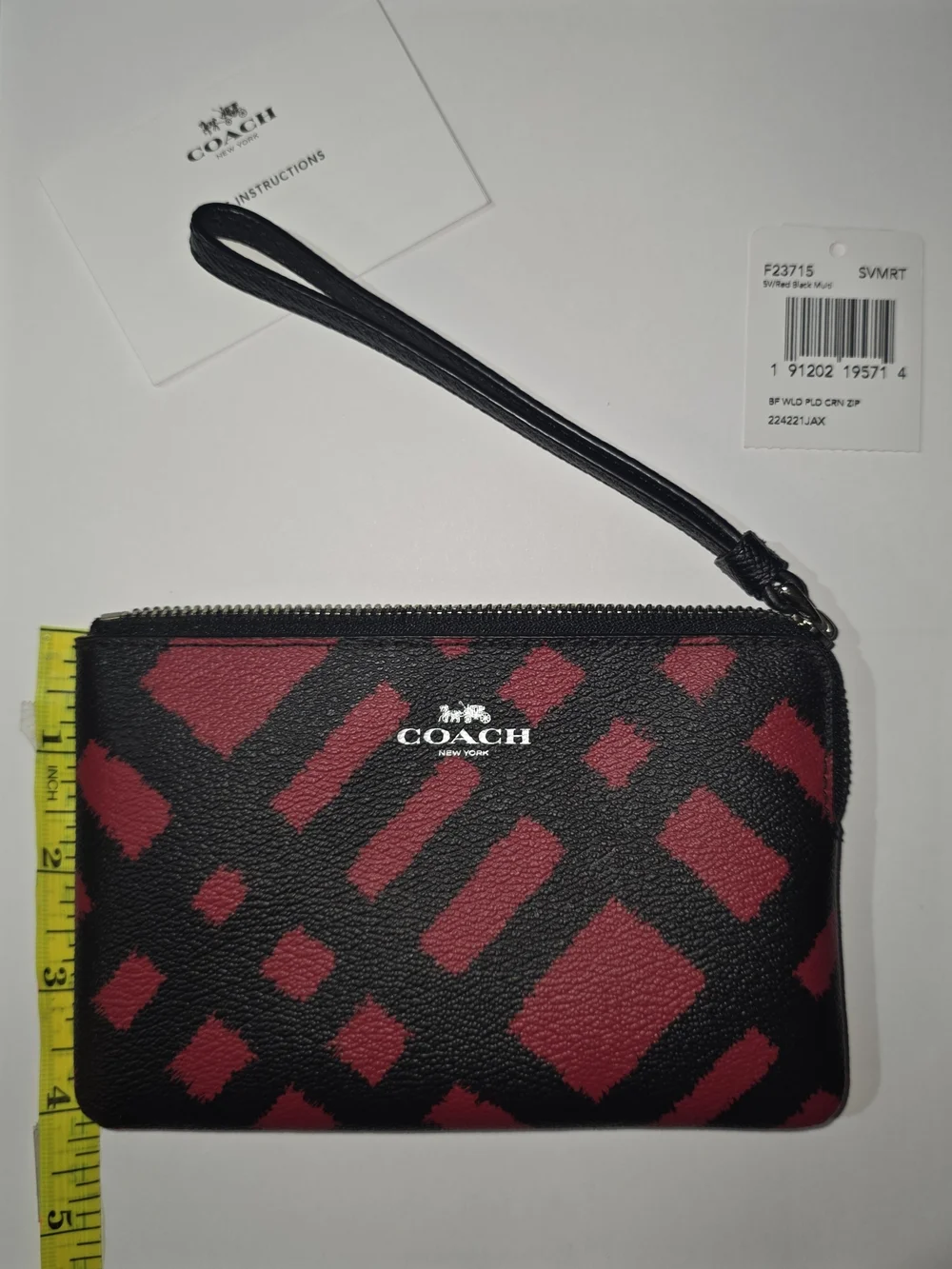 COACH Zip Wristlet Red Black Plaid Print NWT